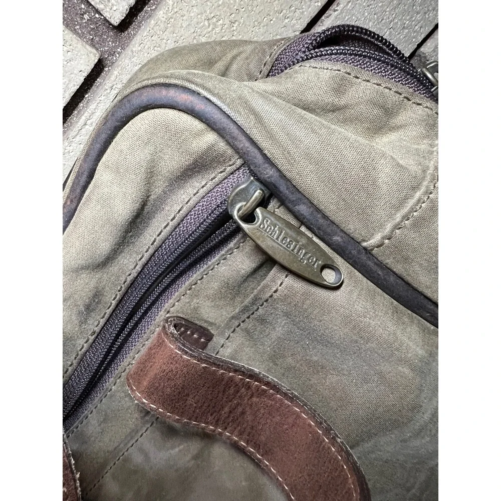 Schlesinger Messenger Laptop Bag VTG Waxed Canvas Briefcase Leather Trim Olive